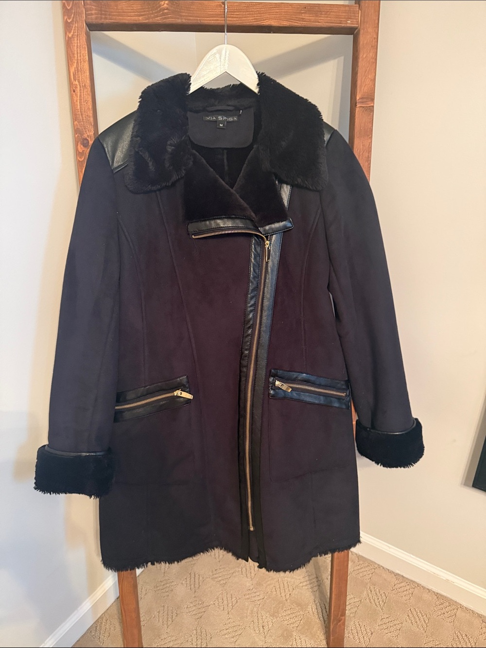 Via Spiga Black Faux-Suede Shearling Coat